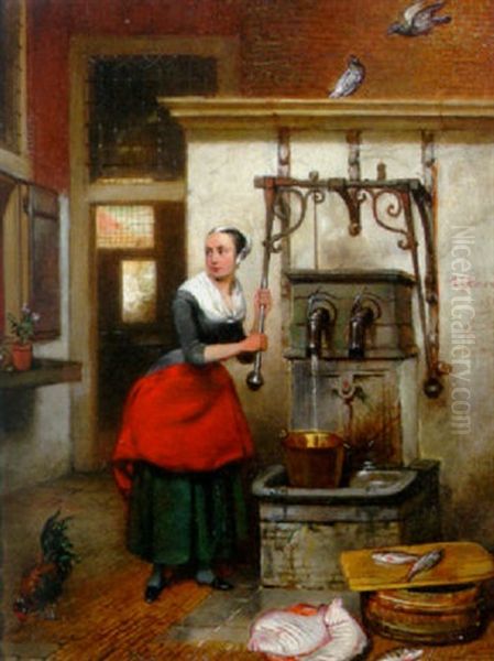 A Maid In A Courtyard Tapping Water From A Well Oil Painting by Hubertus van Hove