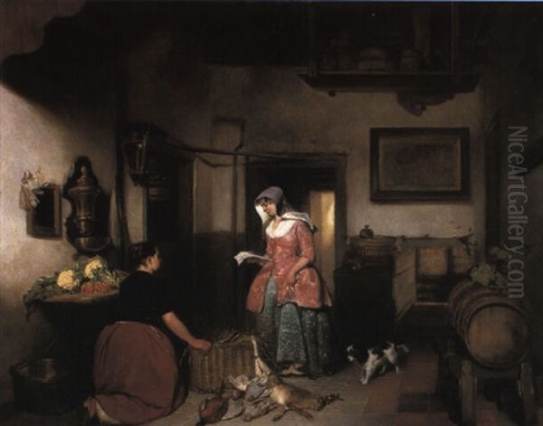 Interior Of A Larder With Women Cleaning Game Oil Painting by Hubertus van Hove