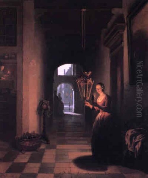 Lighting The Lamp Oil Painting by Hubertus van Hove