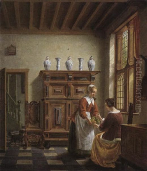 Serving Maid Presenting A Plate Of Fruit To A Lady In An    Interior Oil Painting by Hubertus van Hove