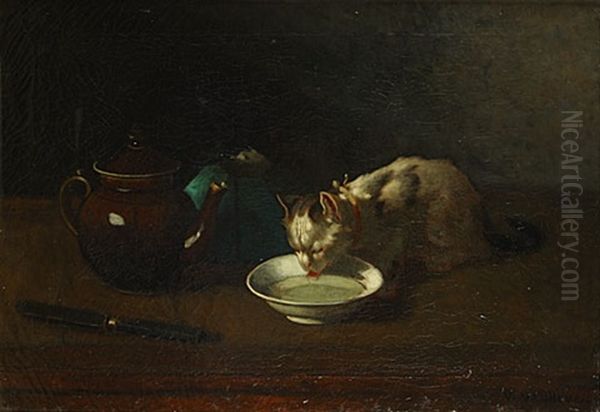 Chat Assoiffe Oil Painting by Victor Francois Guillaume van Hove