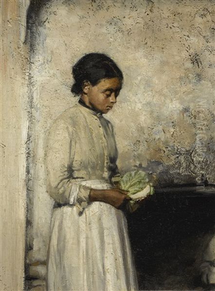 Girl With Cabbage Oil Painting by Thomas Hovenden