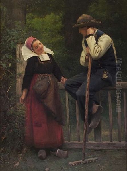 A Wayside Chat Oil Painting by Thomas Hovenden