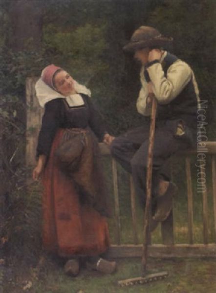 A Wayside Chat Oil Painting by Thomas Hovenden