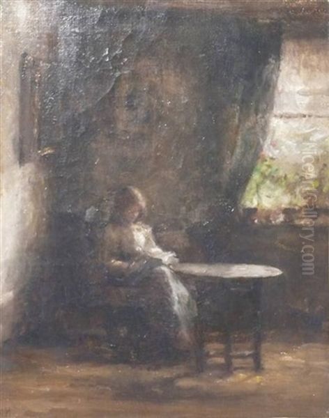 Interior With Girl Reading At A Table Oil Painting by Julia Beatrice How