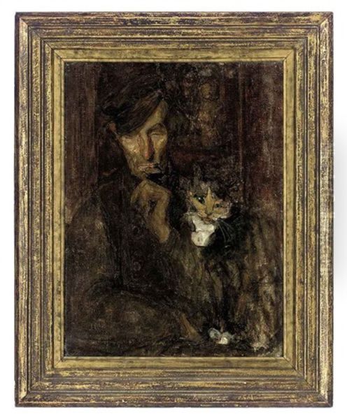 A Man With A Cat Oil Painting by Julia Beatrice How