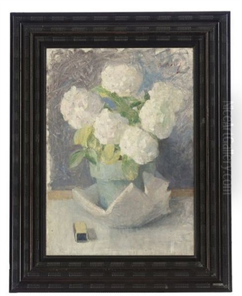 White Hydrangeas In A Pot Oil Painting by Julia Beatrice How