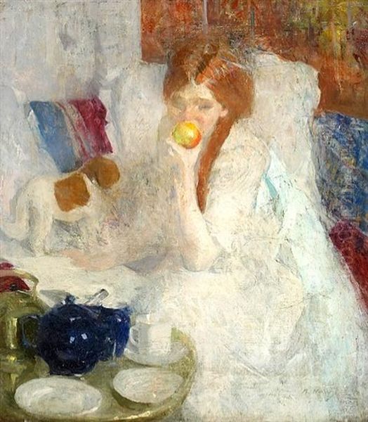 A Study Of A Girl Eating An Apple Oil Painting by Julia Beatrice How