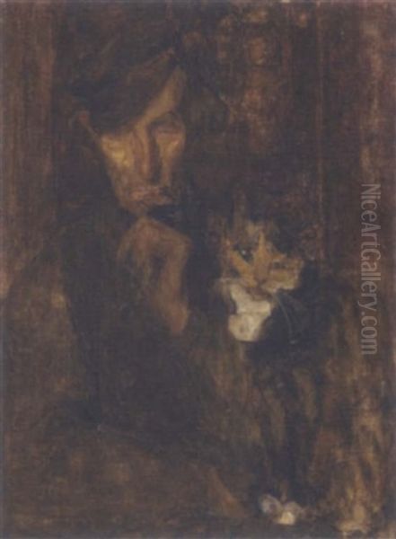 A Man With A Cat Oil Painting by Julia Beatrice How