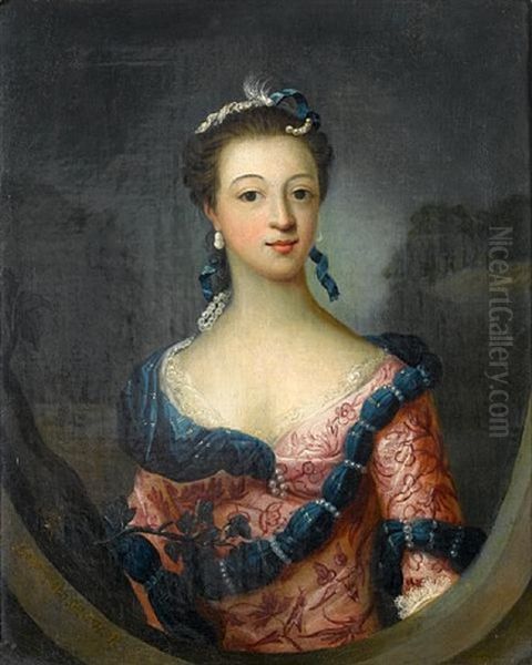 Portrait Of A Young Lady, Half-length, With A Pearl Headdress And Pearl Earrings, In Pink Costume With Floral Patterns Oil Painting by Loftus How