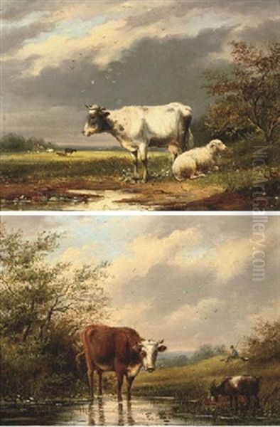 Cattle Near A Stream (+ Another; Pair) Oil Painting by George (9th Earl of Carlisle) Howard