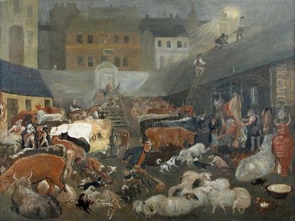 The Old Edinburgh Market At Night Oil Painting by James (of Skirling) Howe