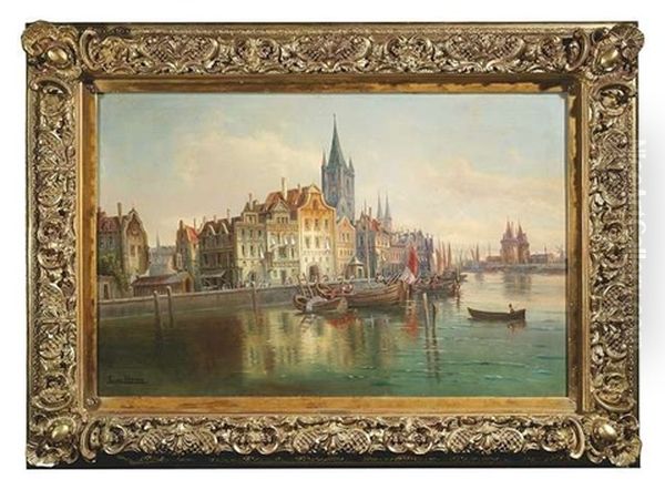 Der Lubecker Hafen Mit Den Turmen Der Kirchen St. Marien Und St. Petri Sowie Dem Holstentor Im Hintergrund Oil Painting by L. van Howe