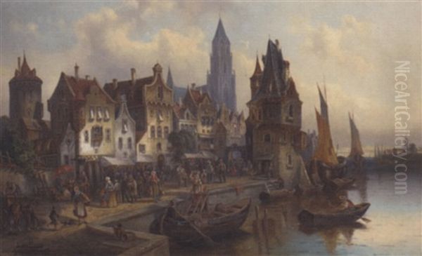 A Continental Town View Oil Painting by L. van Howe