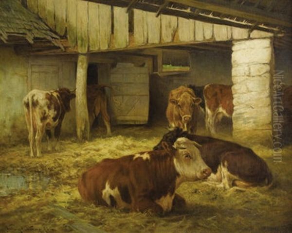 Cows In A Stable Oil Painting by William Henry Howe