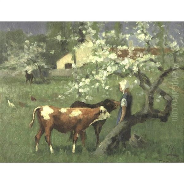 The Young Cowherd (+ Cows In A Landscape; 2 Works) Oil Painting by William Henry Howe