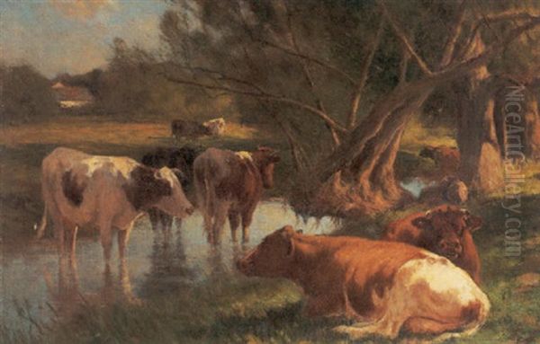 Cows Watering Beside A Stream Oil Painting by William Henry Howe