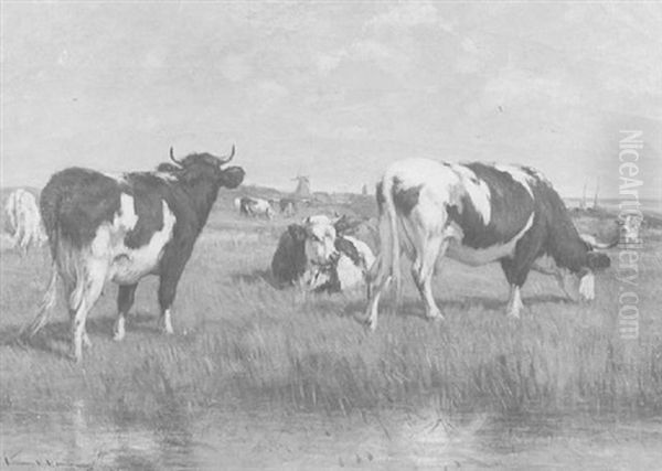 Cows In River Landscape With Distant Windmill Oil Painting by William Henry Howe