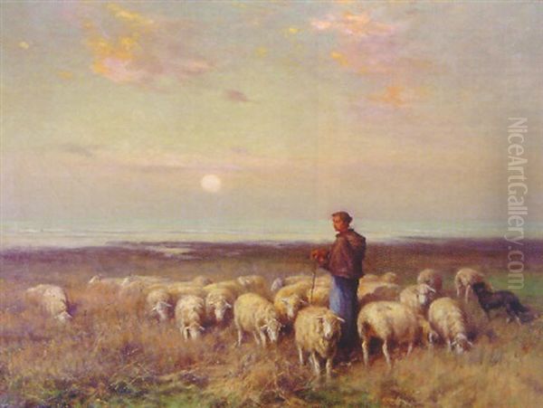 Shepherdess And Her Flock Oil Painting by William Henry Howe