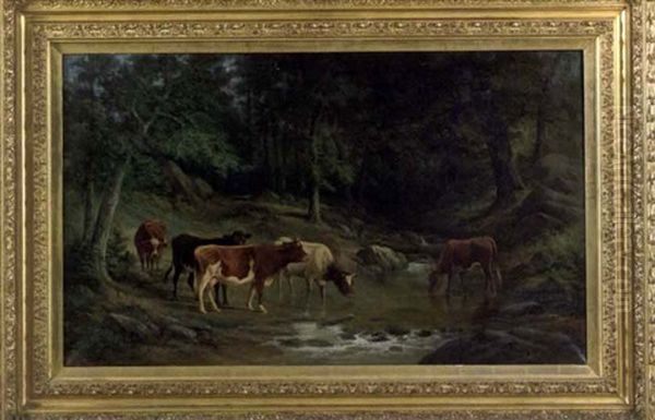 Cattle Drinking Oil Painting by Edward A. Howell