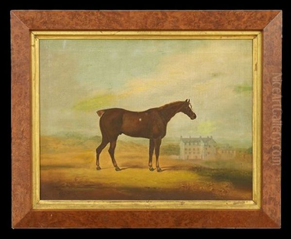 Chestnut Stallion In A Landscape With A View Of A Country Manor Oil Painting by James Howie