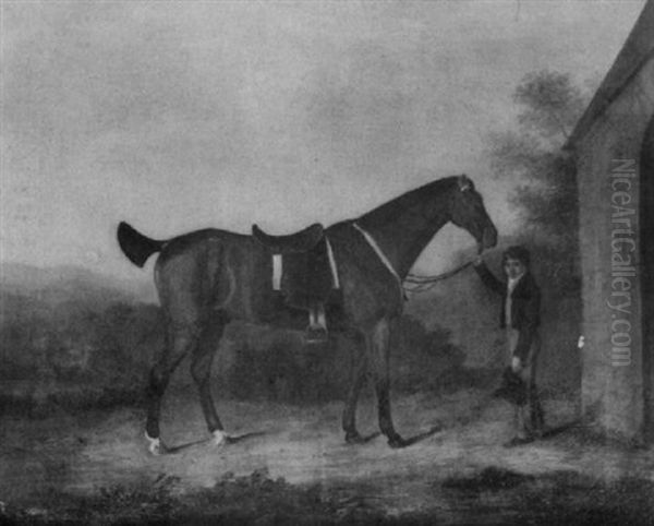 Croc, A Saddled Bay Hunter, The Property Of George, 9th     Earl Of Dalhousie, Held By A Small Boy Oil Painting by James Howie