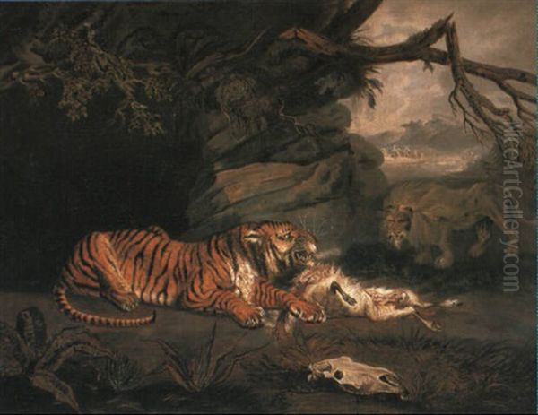 A Lion Attacking A Tiger Oil Painting by William Samuel Howitt