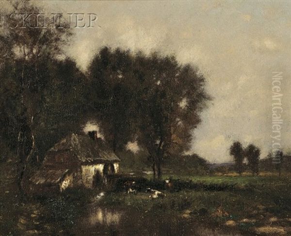 Pastoral Landscape With Cottage And Cows Oil Painting by Alfred Cornelius Howland