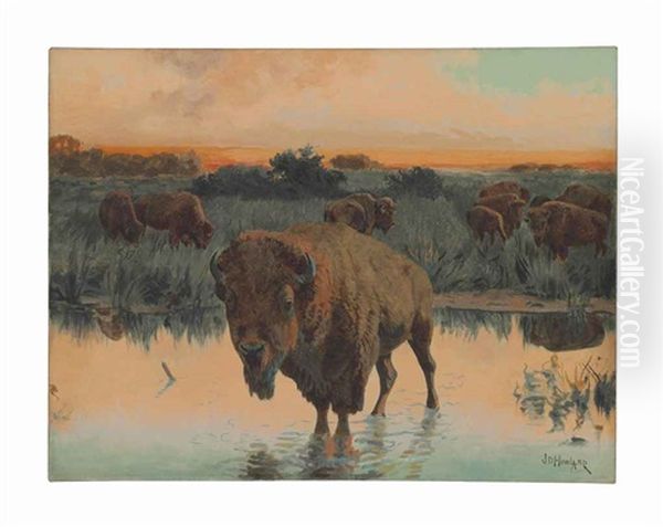 Group Of Buffalo At Edge Of A River Oil Painting by John Dare Howland