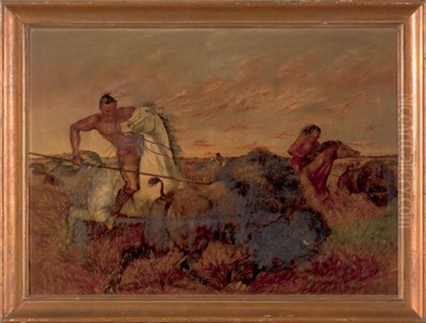 Indians Hunting Buffalo Oil Painting by John Dare Howland