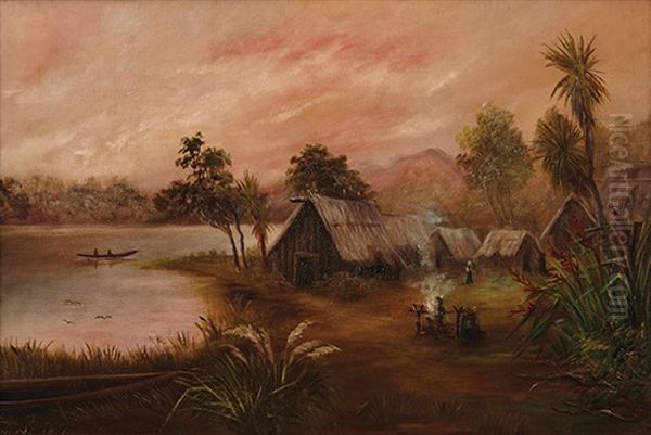 Maori Village And River Scene Oil Painting by Charles Henry Howorth