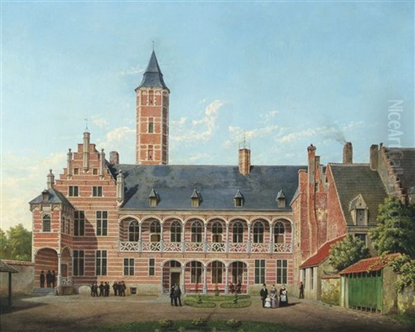 La Cour De L'hotel De Busleyden A Malines Oil Painting by Joseph Ignaz van Hoy