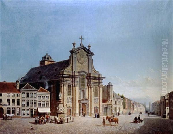 Stadtansicht Mit Kirche Sowie Brunnenstatue Und Figurenstaffage Oil Painting by Joseph Ignaz van Hoy