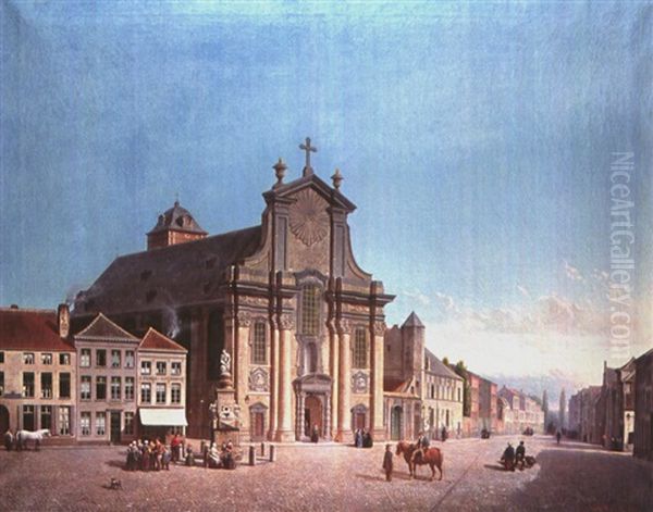 Stadtansicht Mit Kirche Sowie Brunnenstatue Und Figurenstaffage Oil Painting by Joseph Ignaz van Hoy