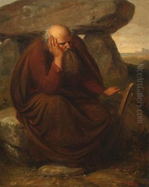 Elderly Man Resting By A Dolmen Oil Painting by Christian Faedder Hoyer