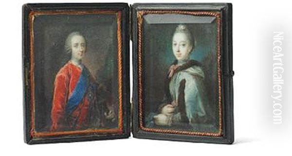 A Pair Of Miniature Portraits Of Count A. G. Moltke (1710-1792) And His Second Wife Sophie Hedvig, Nee Raben (1732-1802) (after C. G. Pilo) Oil Painting by Cornelius Hoeyer