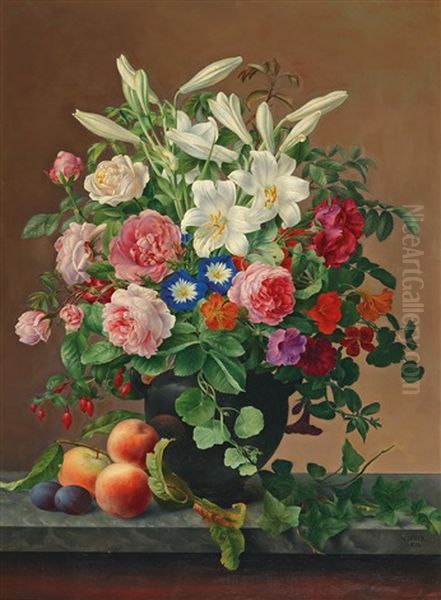 Roses And Lilies In A Vase, With Peaches And Plums On A Stone Console Oil Painting by Vilhelm Julius Hoyer