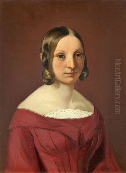 Bildnis Einer Jungen Dame In Rotem Kleid Oil Painting by Philipp Hoyoll