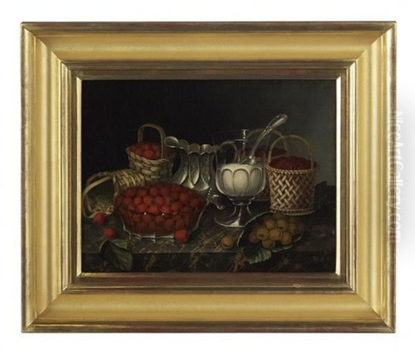 Still Life With Raspberries, A Silver Milk Jug And A Glass Of Sugar, On A Marble Slab Oil Painting by William H. Hoyt