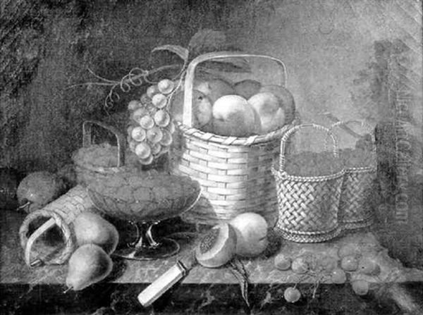 Still Life With Fruit And Baskets Arranged On A Marble Slab Oil Painting by William H. Hoyt