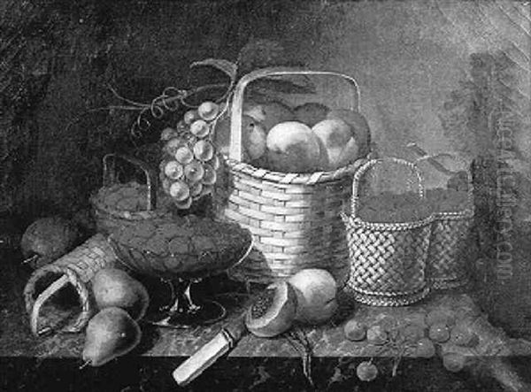 Still Life With Fruit And Baskets Arranged On A Marble Slab Oil Painting by William H. Hoyt