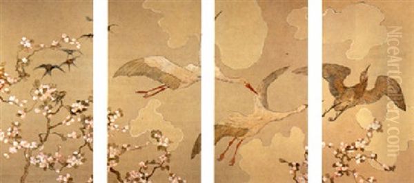 Swallows, Storks And A Heron Flying Over Blossom Branches Oil Painting by Theodoor van Hoytema