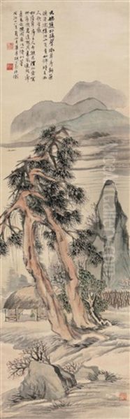 Double Pine Trees Oil Painting by  Hu Gongshou