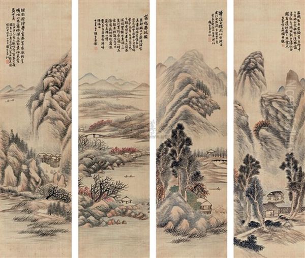 Landscapes (4 Works) Oil Painting by  Hu Gongshou