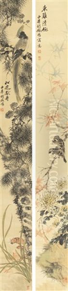 Refined Enjoyment By The Eastern Fence; Pine And Fungi Celebrating Long Life by  Hu Tiemei