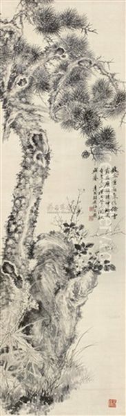 Pine And Flowers by  Hu Tiemei