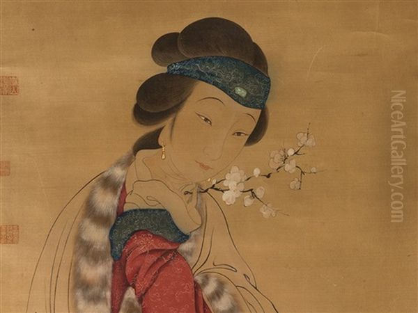 Lady With Plum Blossom Branch Oil Painting by  Hu Xigui