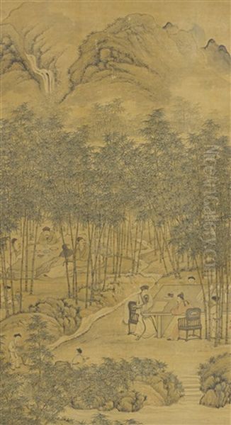 Scholars Gathering In The Bamboo Grove Oil Painting by  Hua Yan