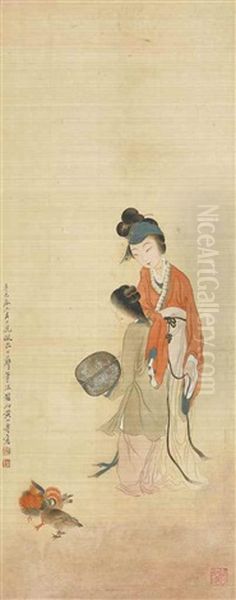 Lady Holding Fan Oil Painting by  Huang Shanshou