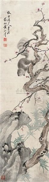 Squirrels, Plum Blossom, Bamboo And Rock Oil Painting by  Huang Shanshou